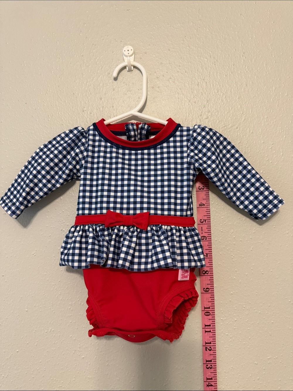 Ruffle Butts Navy Gingham with Red Trim Peplum Swim One-Piece